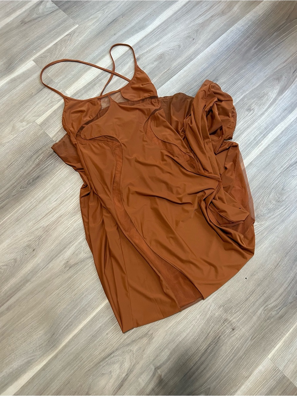 Thistle and Spire Brown Slip Dress with Thin Straps and cutout mesh details
